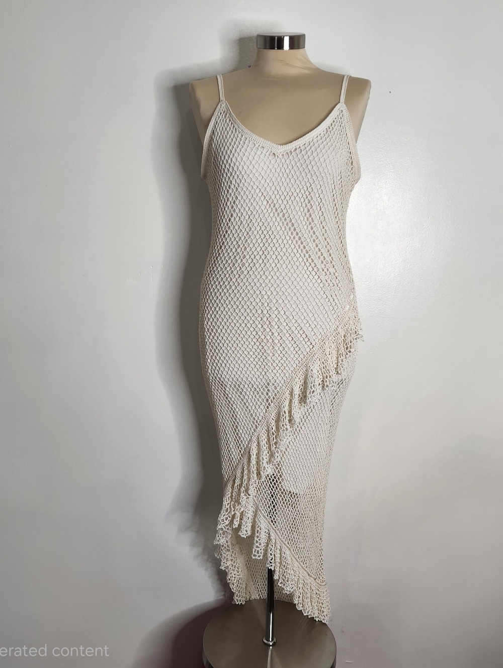 Krochetta by Papillon Large Crochet Beaded Hi-Lo Ruffle Dress Cream Boho Lined